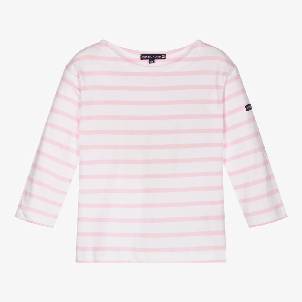 Week-end à la mer - Girls Pink Striped Cotton Top | Childrensalon