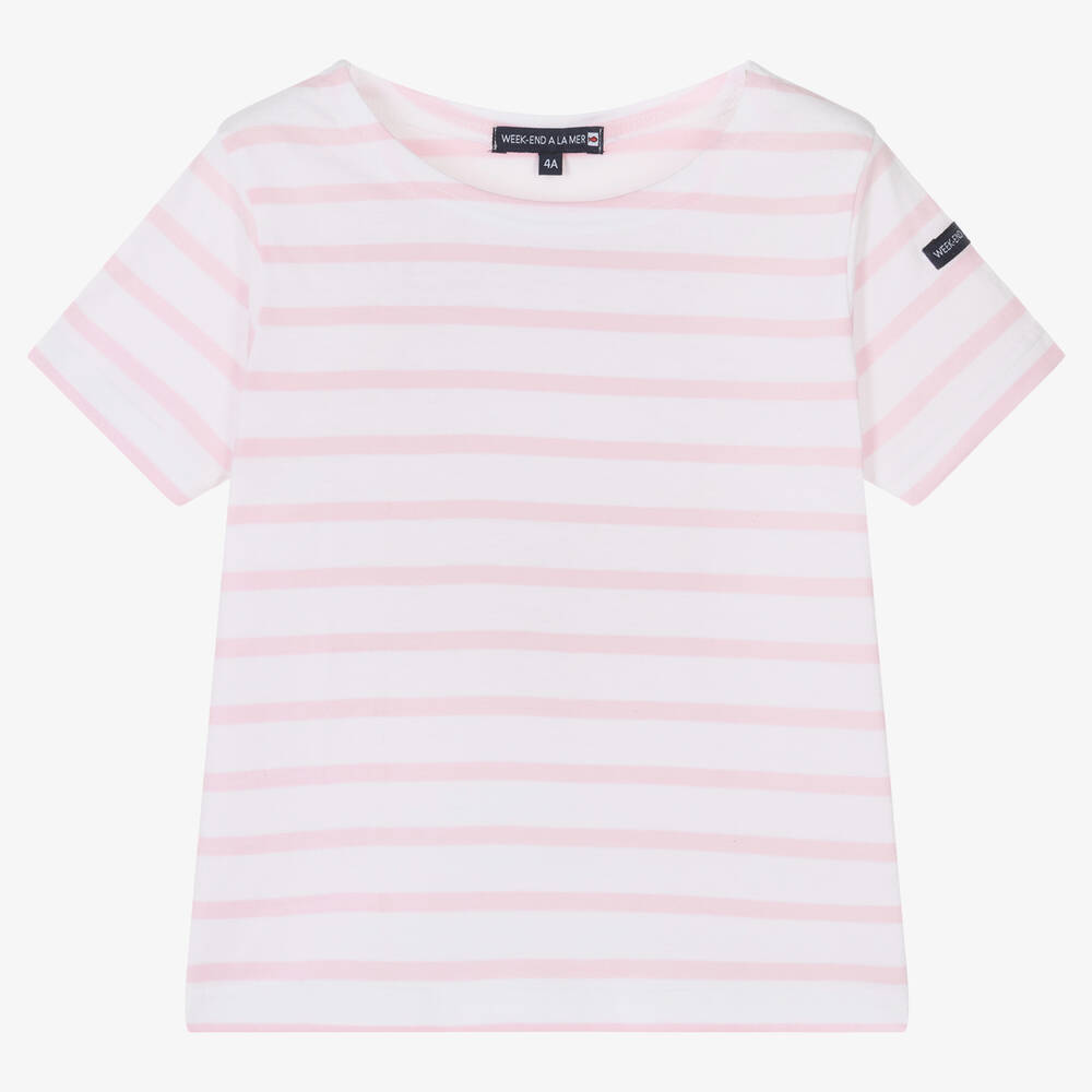 Week-end à la mer - Girls Pink & White Breton Stripe T-Shirt | Childrensalon
