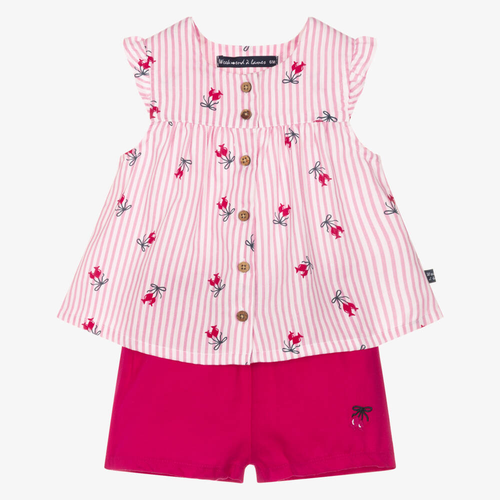 Week-end à la mer-Girls Pink & White Striped Top & Shorts Set | Childrensalon Outlet