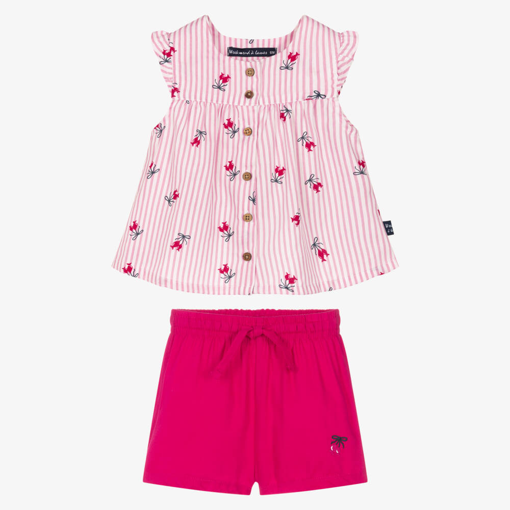 Week-end à la mer-Girls Pink & White Striped Top & Shorts Set | Childrensalon Outlet