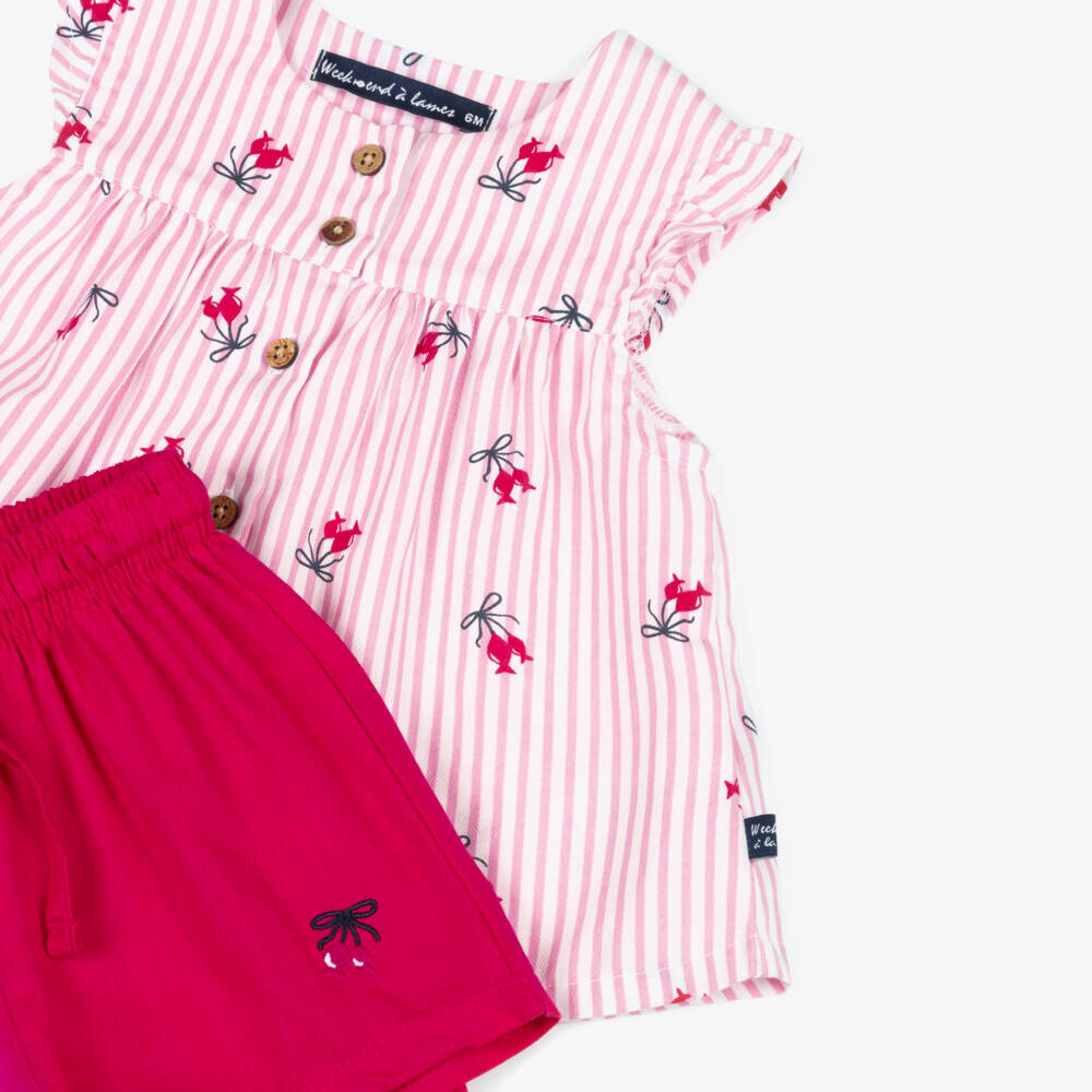 Week-end à la mer-Girls Pink & White Striped Top & Shorts Set | Childrensalon Outlet
