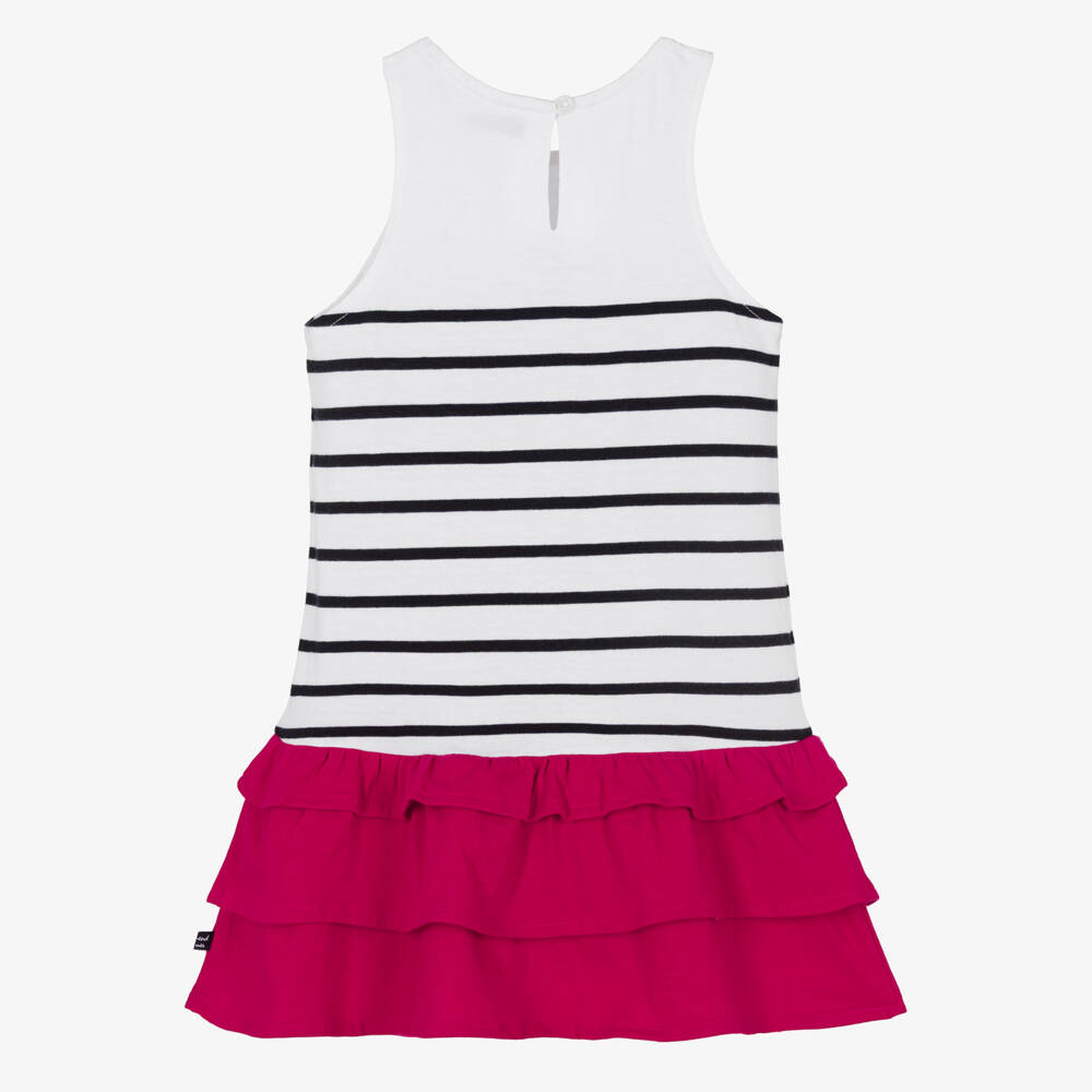 Week-end à la mer-Girls White & Blue Breton Stripe Dress with Pink Ruffles | Childrensalon Outlet