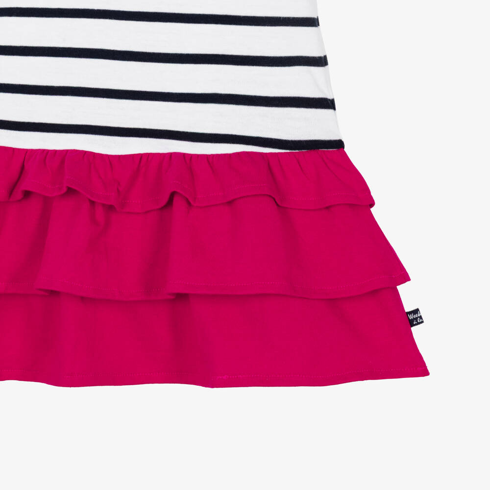 Week-end à la mer-Girls White & Blue Breton Stripe Dress with Pink Ruffles | Childrensalon Outlet