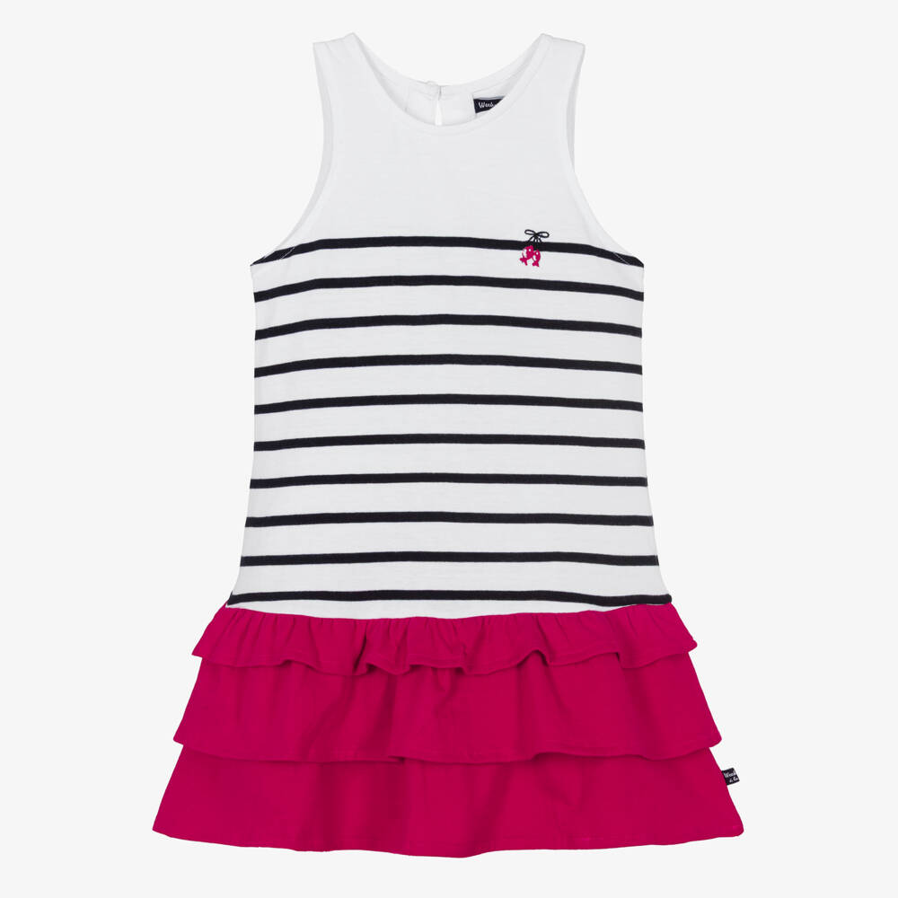 Week-end à la mer-Girls White & Blue Breton Stripe Dress with Pink Ruffles | Childrensalon Outlet
