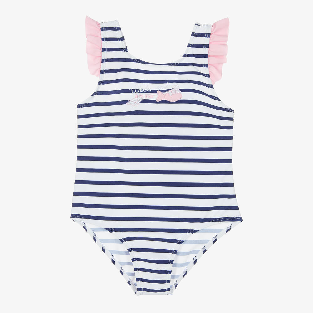 Week-end à la mer - Girls White & Blue Breton Stripe Swimsuit | Childrensalon