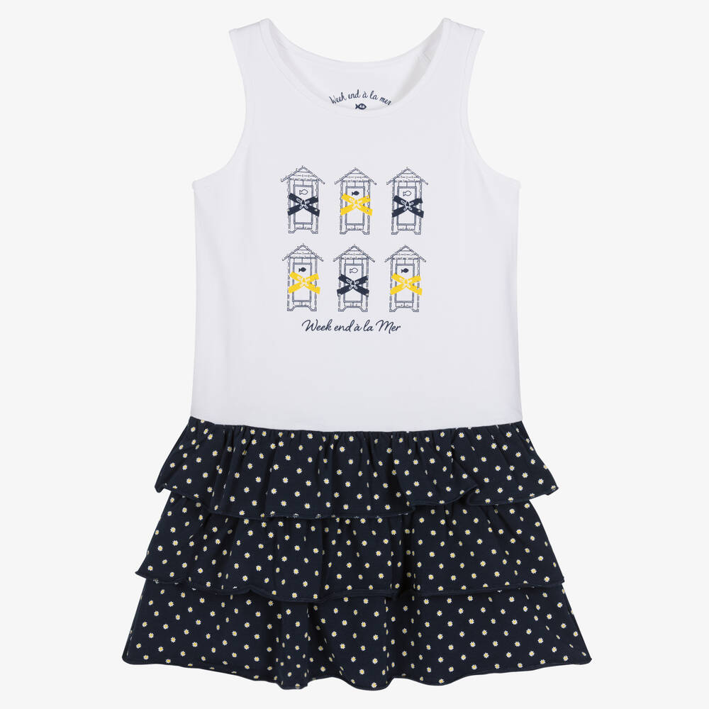Week-end à la mer-Girls White & Blue Floral Dress | Childrensalon Outlet