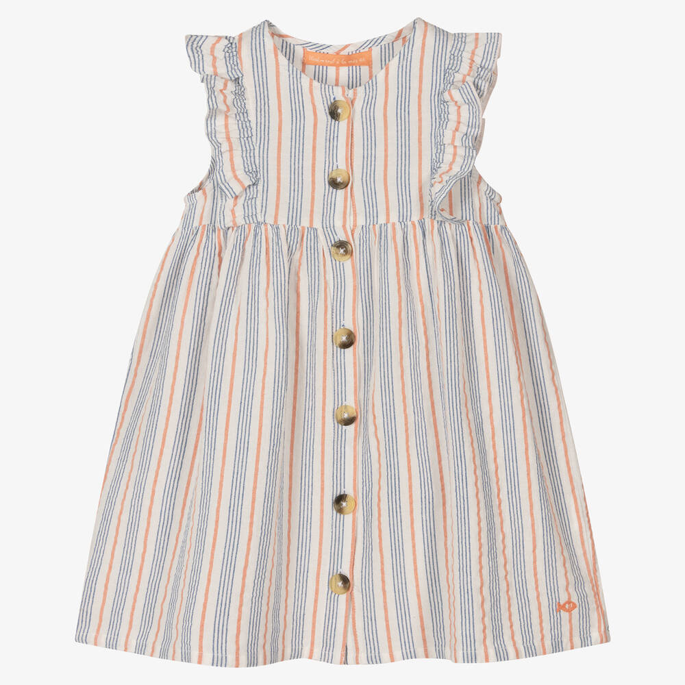 Week-end à la mer - Girls White & Blue Stripe Cotton Dress | Childrensalon