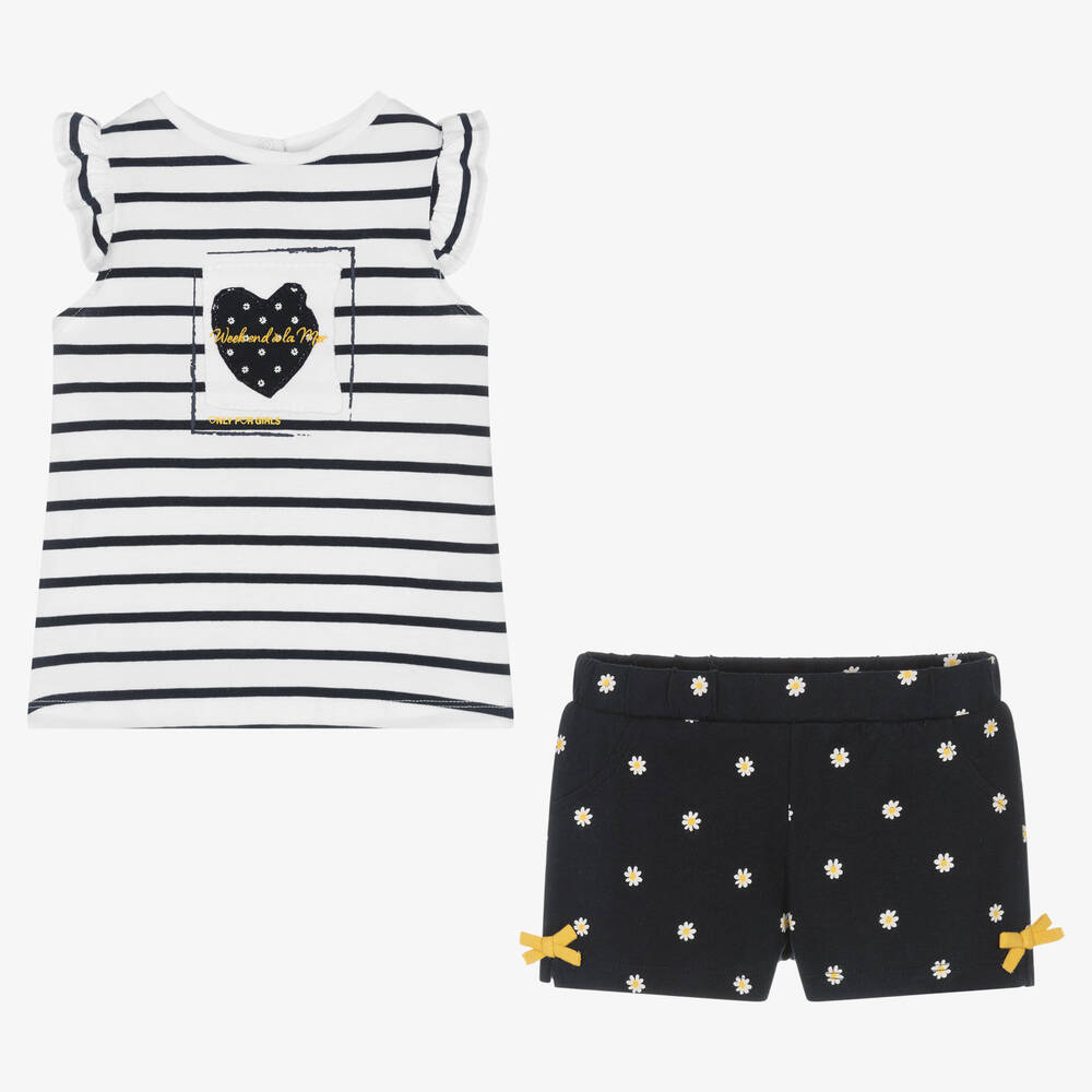 Week-end à la mer-طقم شورت أطفال بناتي قطن مقلم لون أبيض وكحلي | Childrensalon Outlet