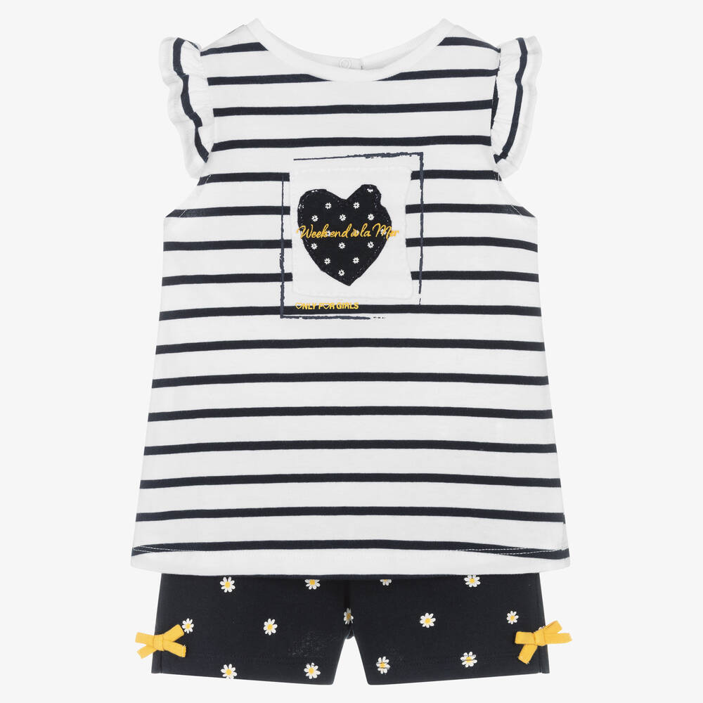 Week-end à la mer-Белый топ в полоску и синие шорты из хлопка | Childrensalon Outlet