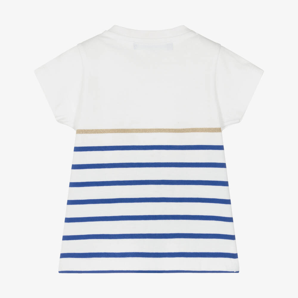 Week-end à la mer-Girls White & Blue Striped Cotton T-Shirt | Childrensalon Outlet