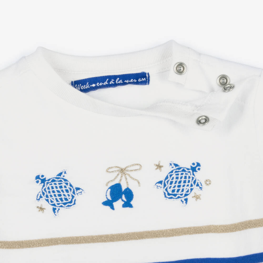 Week-end à la mer-Girls White & Blue Striped Cotton T-Shirt | Childrensalon Outlet
