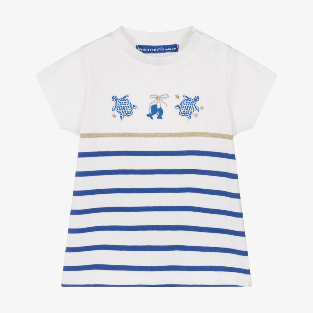 Week-end à la mer-Girls White & Blue Striped Cotton T-Shirt | Childrensalon Outlet