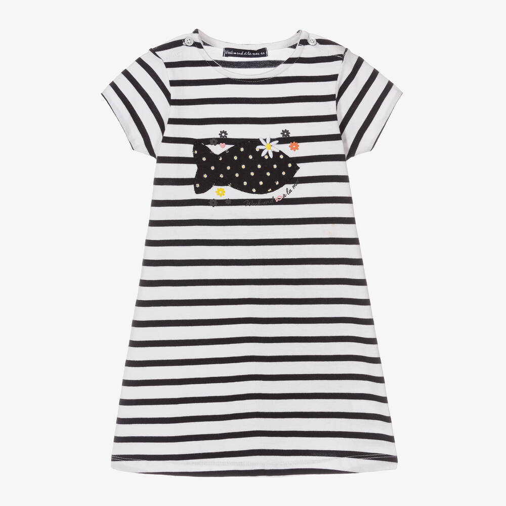Week-end à la mer - Girls White Breton Stripe Cotton Dress | Childrensalon