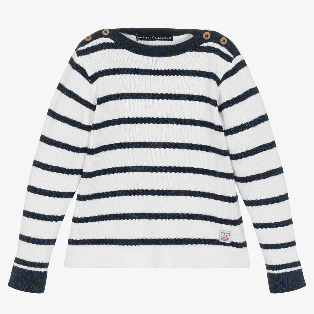 Week-end à la mer - Girls White Breton Striped Sweater | Childrensalon