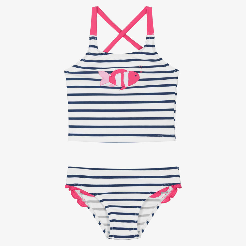 Week-end à la mer - Girls White Breton Striped Tankini | Childrensalon