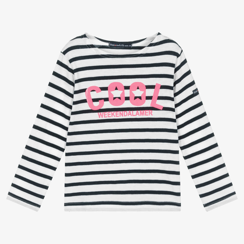 Week-end à la mer - Girls White Breton Striped Top | Childrensalon