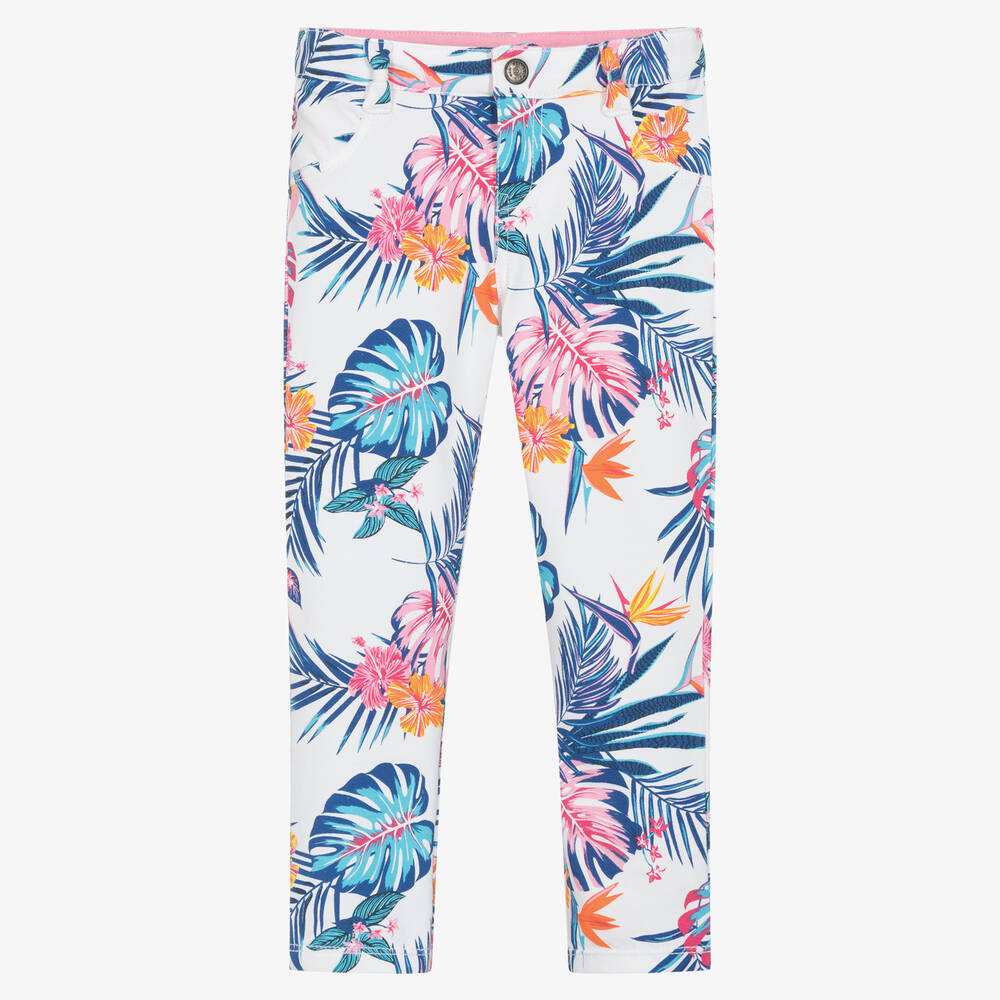 Week-end à la mer - Girls White Cotton Floral Jeggings | Childrensalon