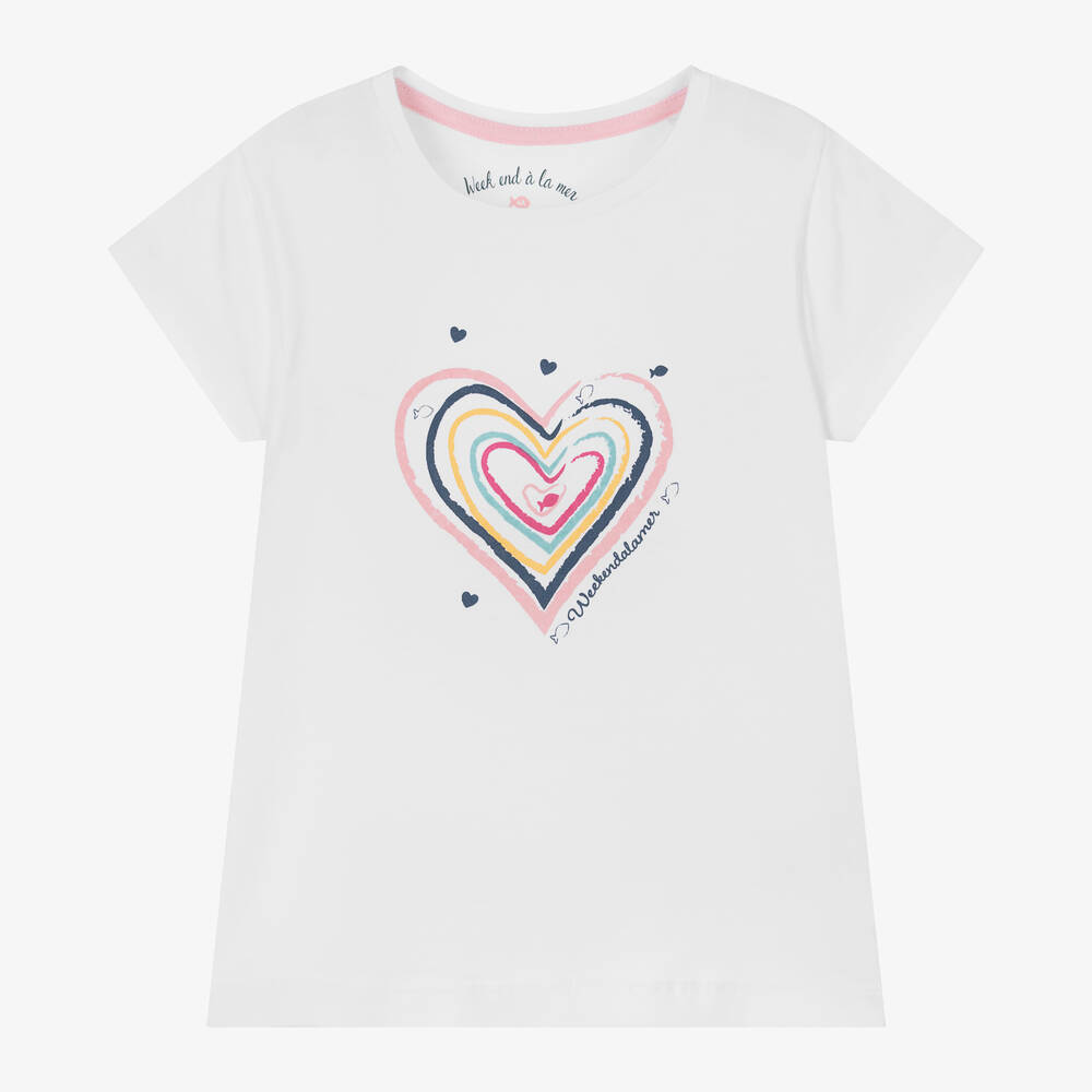 Week-end à la mer-Girls White Cotton Heart T-Shirt | Childrensalon Outlet