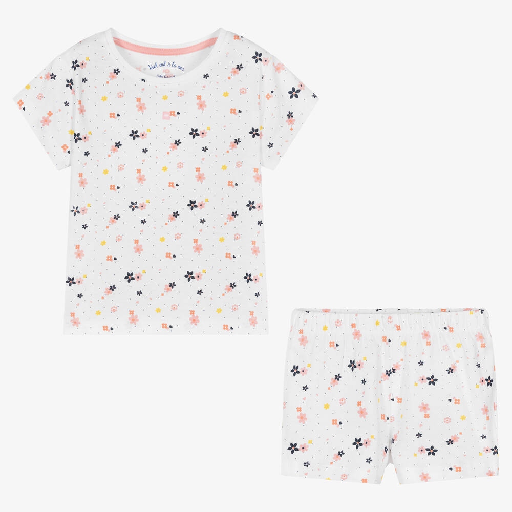 Week-end à la mer-طقم شورت قطن لون أبيض بطبعة ورود للبنات | Childrensalon Outlet