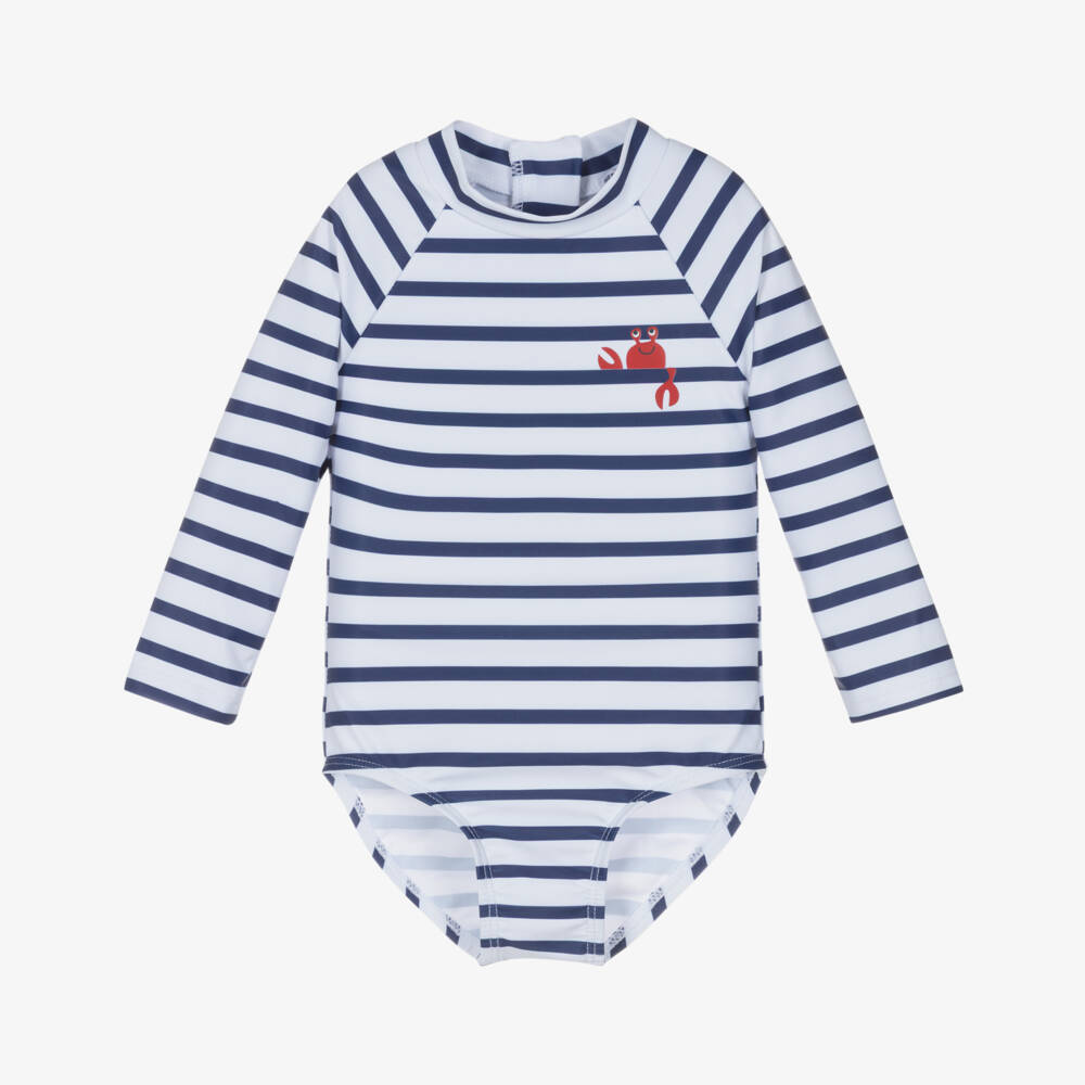 Week-end à la mer-Girls White & Navy Blue Stripe Swimsuit (UPF50) | Childrensalon Outlet