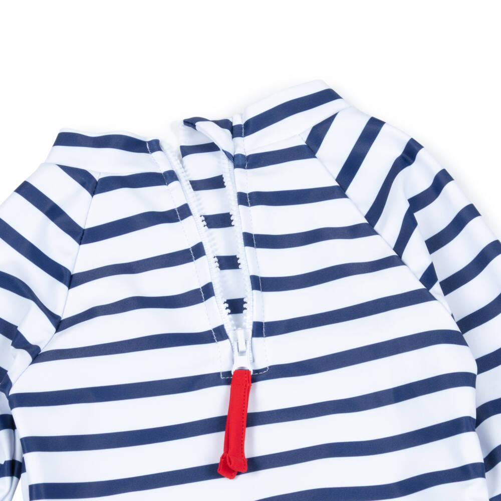 Week-end à la mer-Girls White & Navy Blue Stripe Swimsuit (UPF50) | Childrensalon Outlet