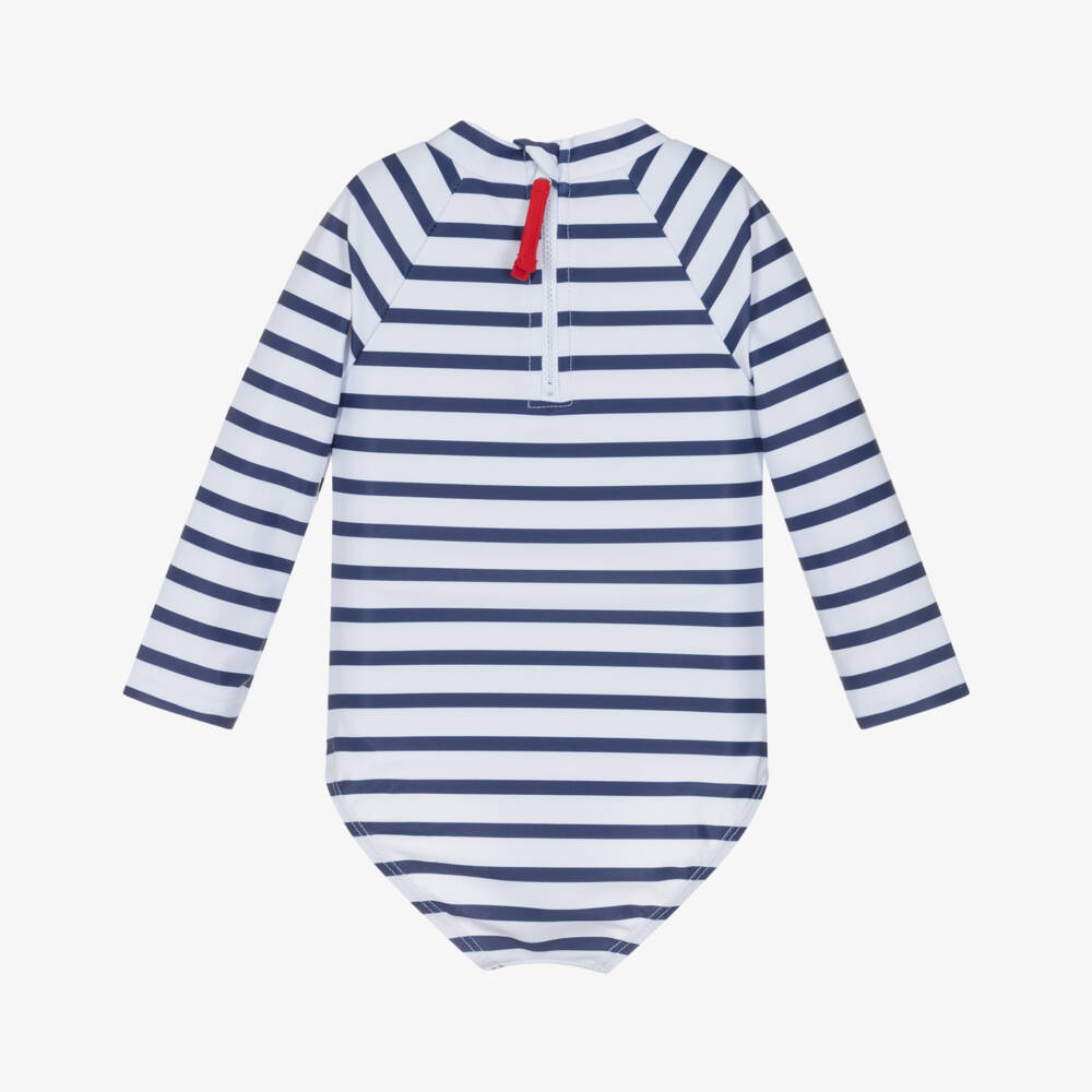 Week-end à la mer-Girls White & Navy Blue Stripe Swimsuit (UPF50) | Childrensalon Outlet