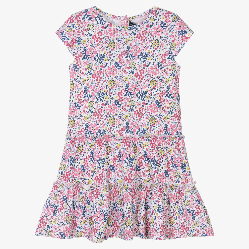 Week-end à la mer - Girls White & Pink Floral Jersey Dress | Childrensalon