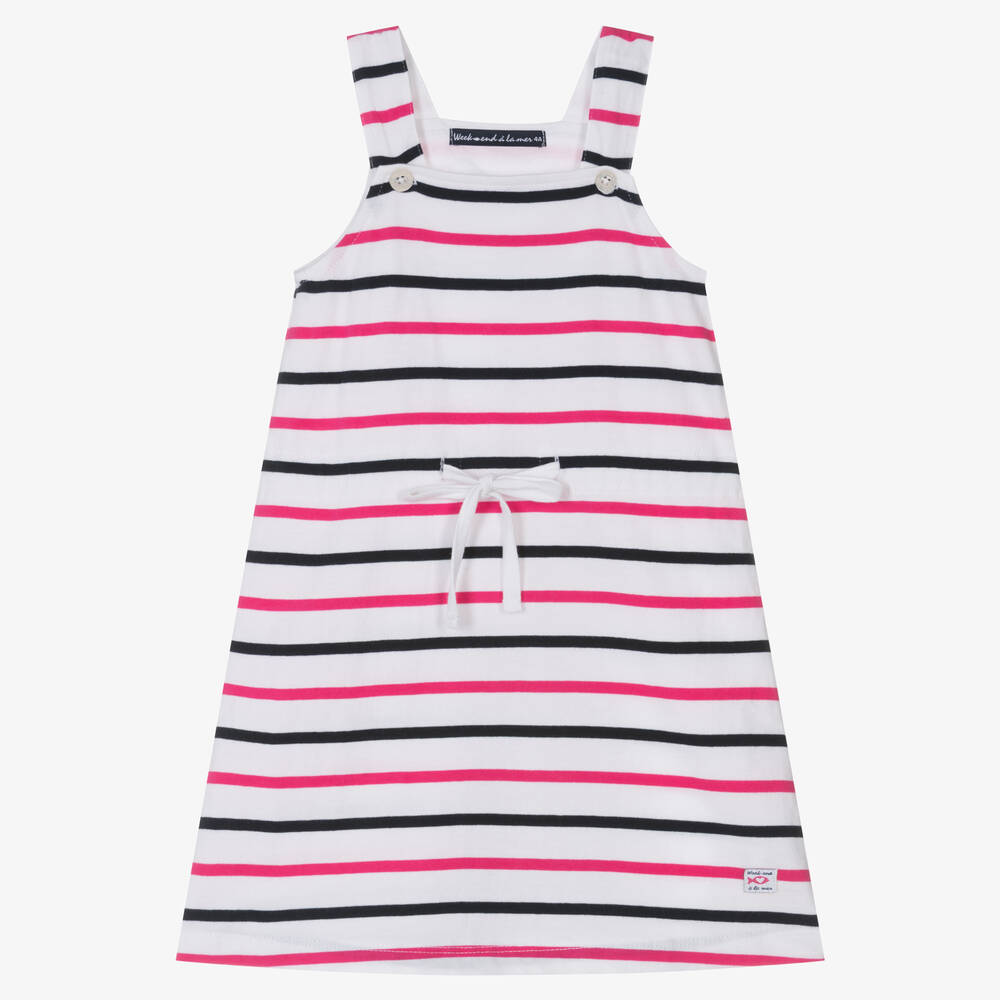 Week-end à la mer - Girls White Striped Cotton Pinafore Dress | Childrensalon