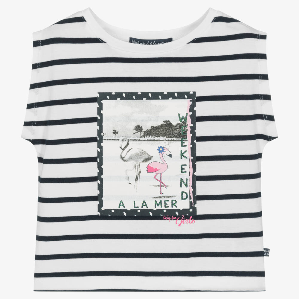 Week-end à la mer - Girls White Striped Flamingo T-Shirt | Childrensalon