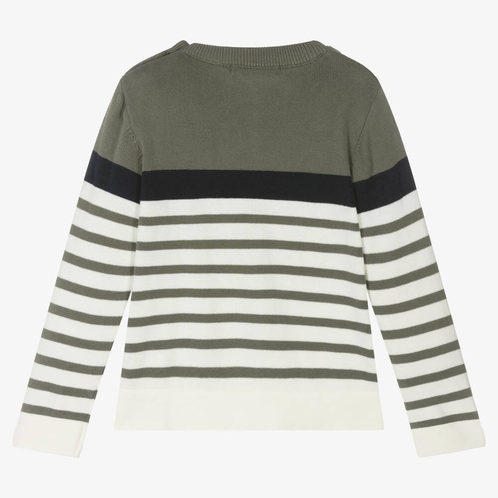 Week-end à la mer-بلوفر قطن محبوك مقلم لون أخضر وعاجي | Childrensalon Outlet