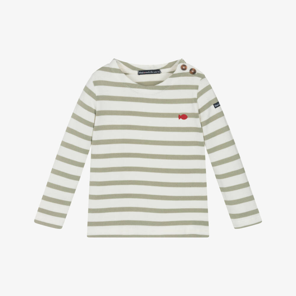 Week-end à la mer-Khaki Green & Ivory Breton Stripe Cotton Knit Sweater | Childrensalon Outlet