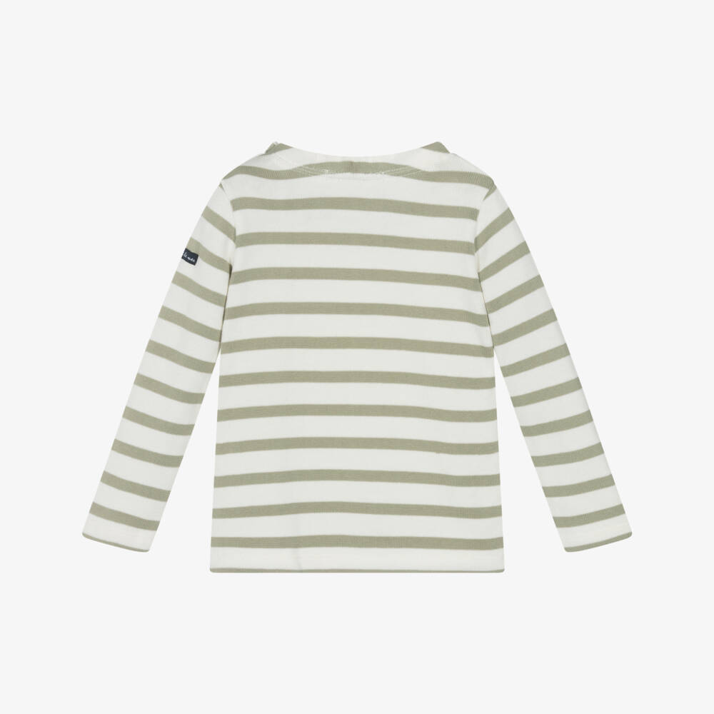 Week-end à la mer-Khaki Green & Ivory Breton Stripe Cotton Knit Sweater | Childrensalon Outlet