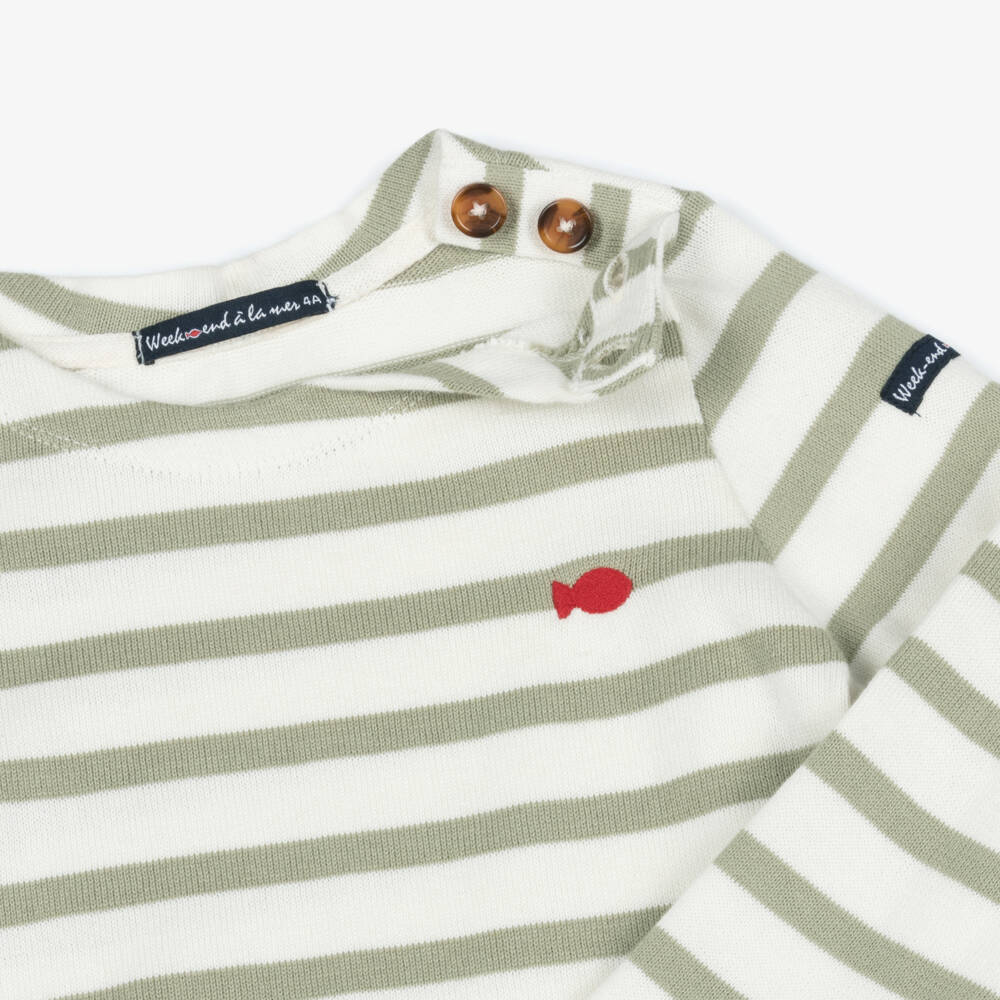 Week-end à la mer-Khaki Green & Ivory Breton Stripe Cotton Knit Sweater | Childrensalon Outlet