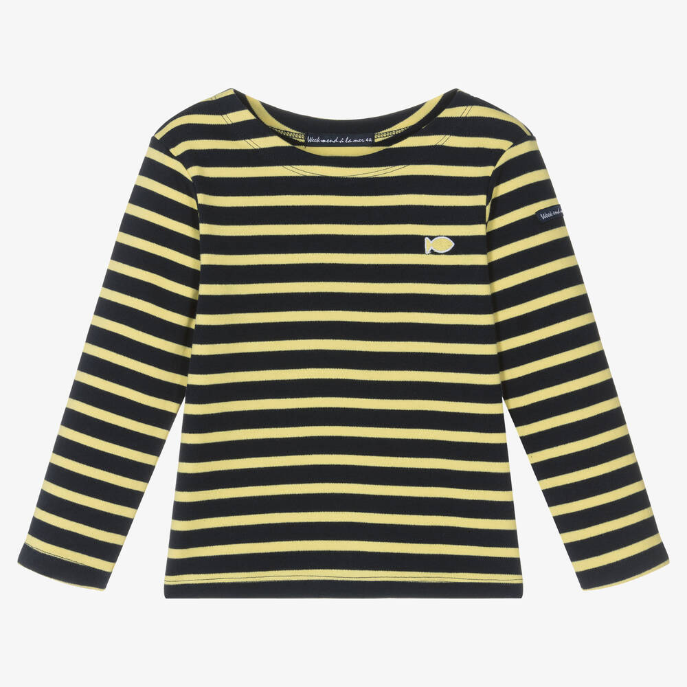 Week-end à la mer - Navy Blue & Yellow Striped Cotton Top | Childrensalon