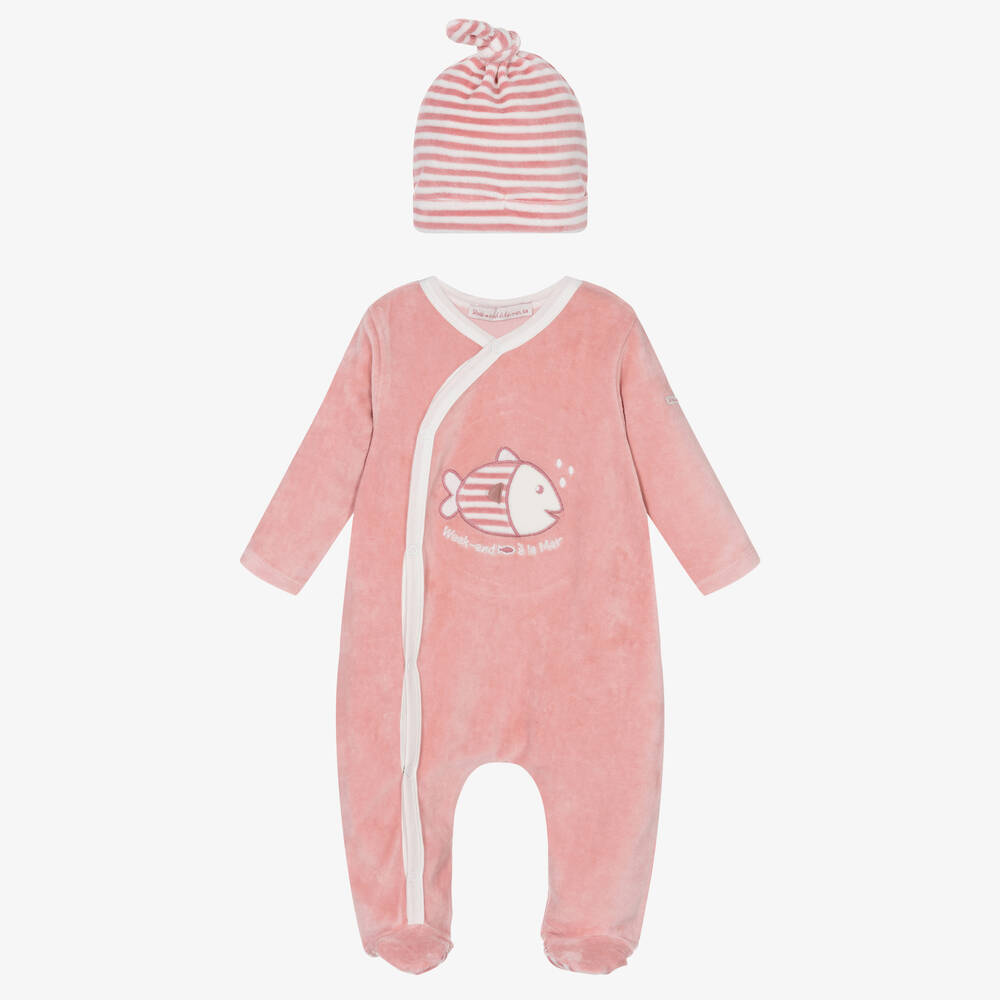 Week-end à la mer - Pink Velour Babygrow & Hat Set | Childrensalon