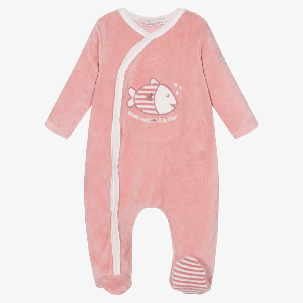 Week-end à la mer-طقم قبعة وأفرول بيبي غرو قطيفة لون زهري للمولودات | Childrensalon Outlet