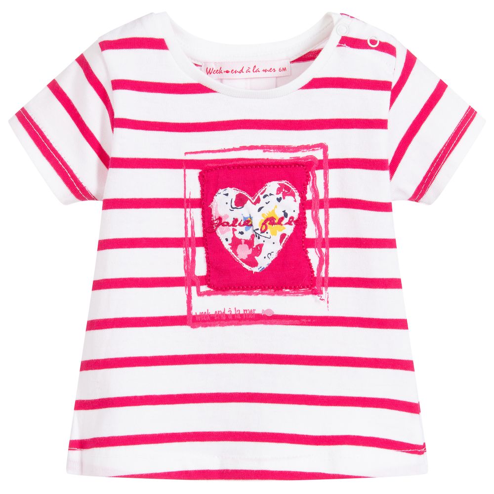 Week-End à La Mer Girls & White Striped T-Shirt Girls Infant 3 Month Pink Cotton by Childrensalon