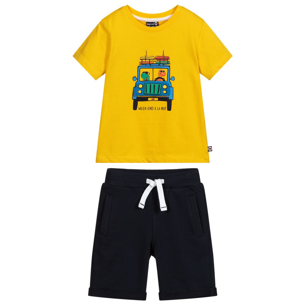 Week-end à la mer-Yellow & Navy Blue Shorts Set | Childrensalon Outlet