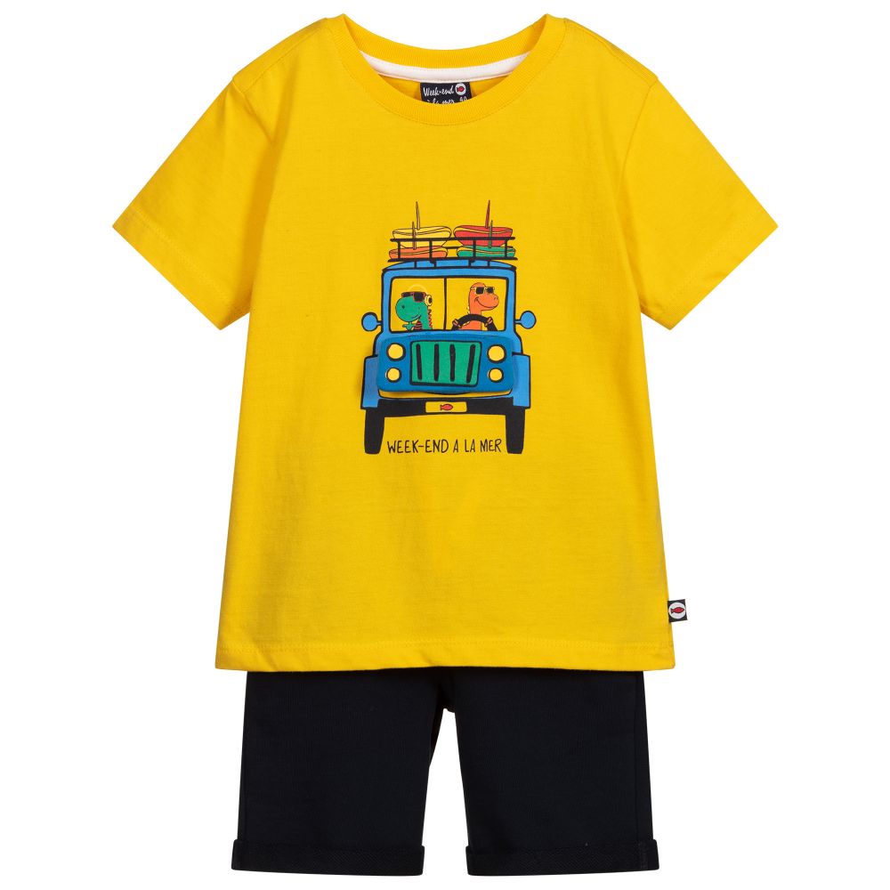 Week-end à la mer-طقم شورت وتوب قطن جيرسي لون أصفر وكحلي للأولاد | Childrensalon Outlet