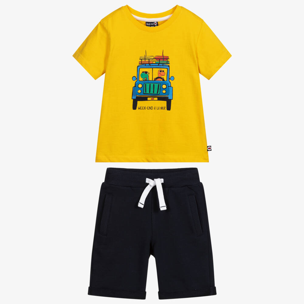 Week-end à la mer-Yellow & Navy Blue Shorts Set | Childrensalon Outlet