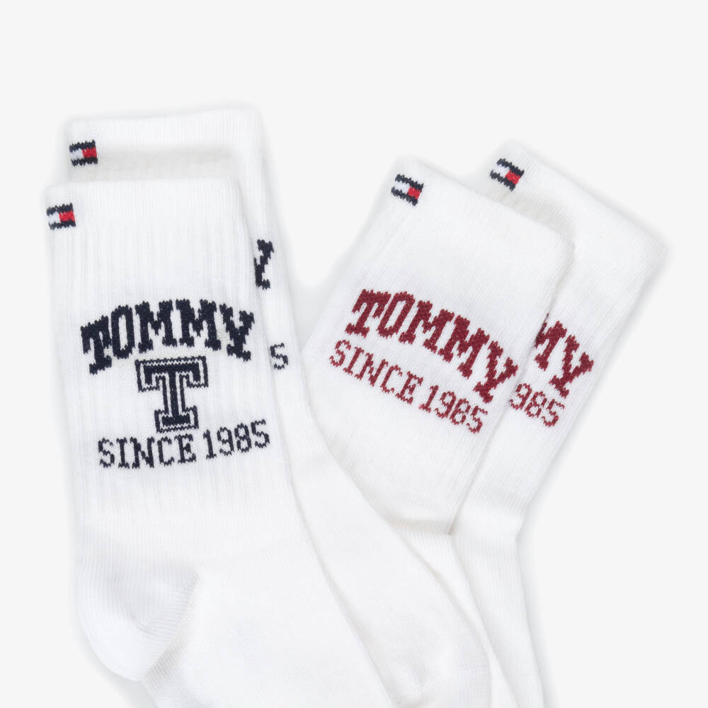 Tommy Hilfiger-White Ankle Socks with Blue & Red Logos (2 Pack) | Childrensalon Outlet