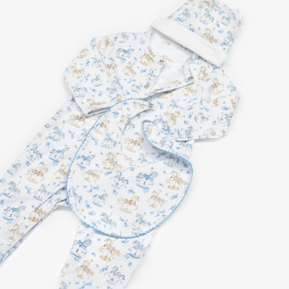 My Little Pie-White & Blue Carousel Print Supima Cotton Babysuit Set | Childrensalon Outlet
