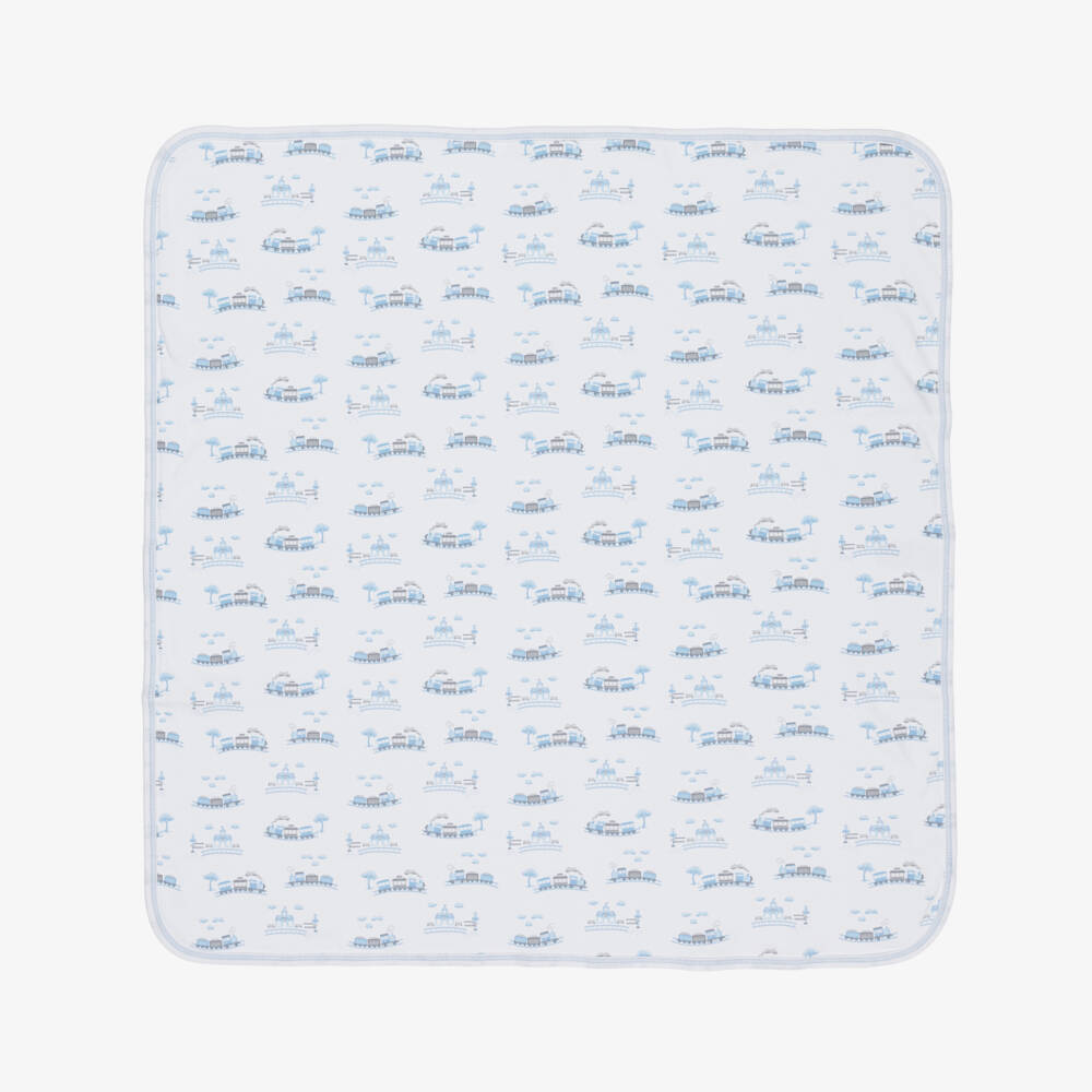 Kissy Kissy-White & Blue Pima Cotton Roundabout Railroad Blanket (73cm) | Childrensalon Outlet