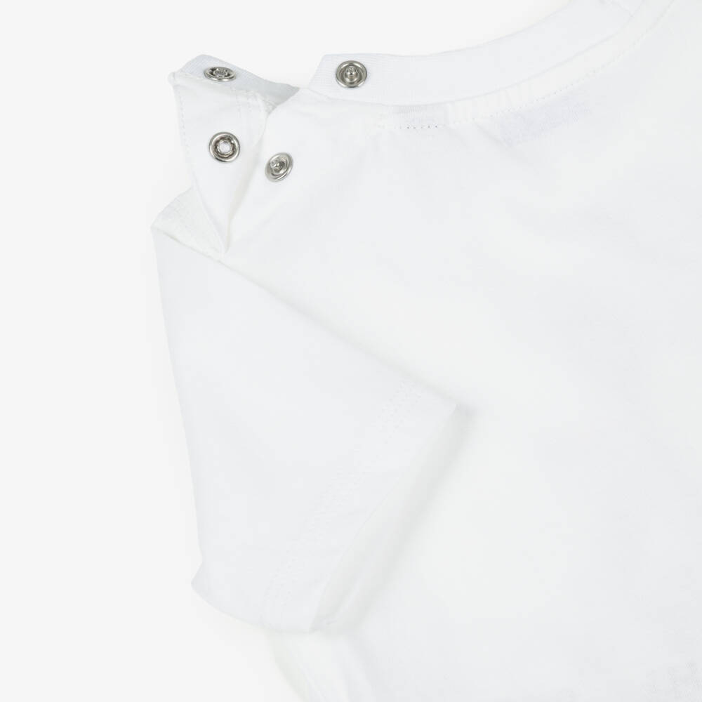 Burberry-White Cotton Baby T-Shirt with King's Guard Logo | Childrensalon Outlet