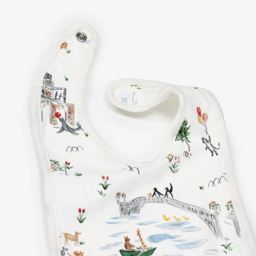 Ralph Lauren-White Cotton Bib with New York Central Park Zoo Print | Childrensalon Outlet