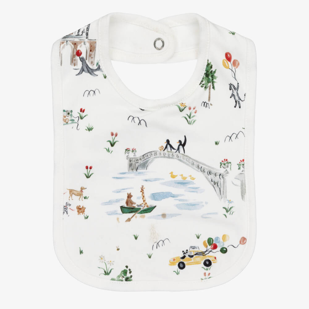Ralph Lauren-White Cotton Bib with New York Central Park Zoo Print | Childrensalon Outlet