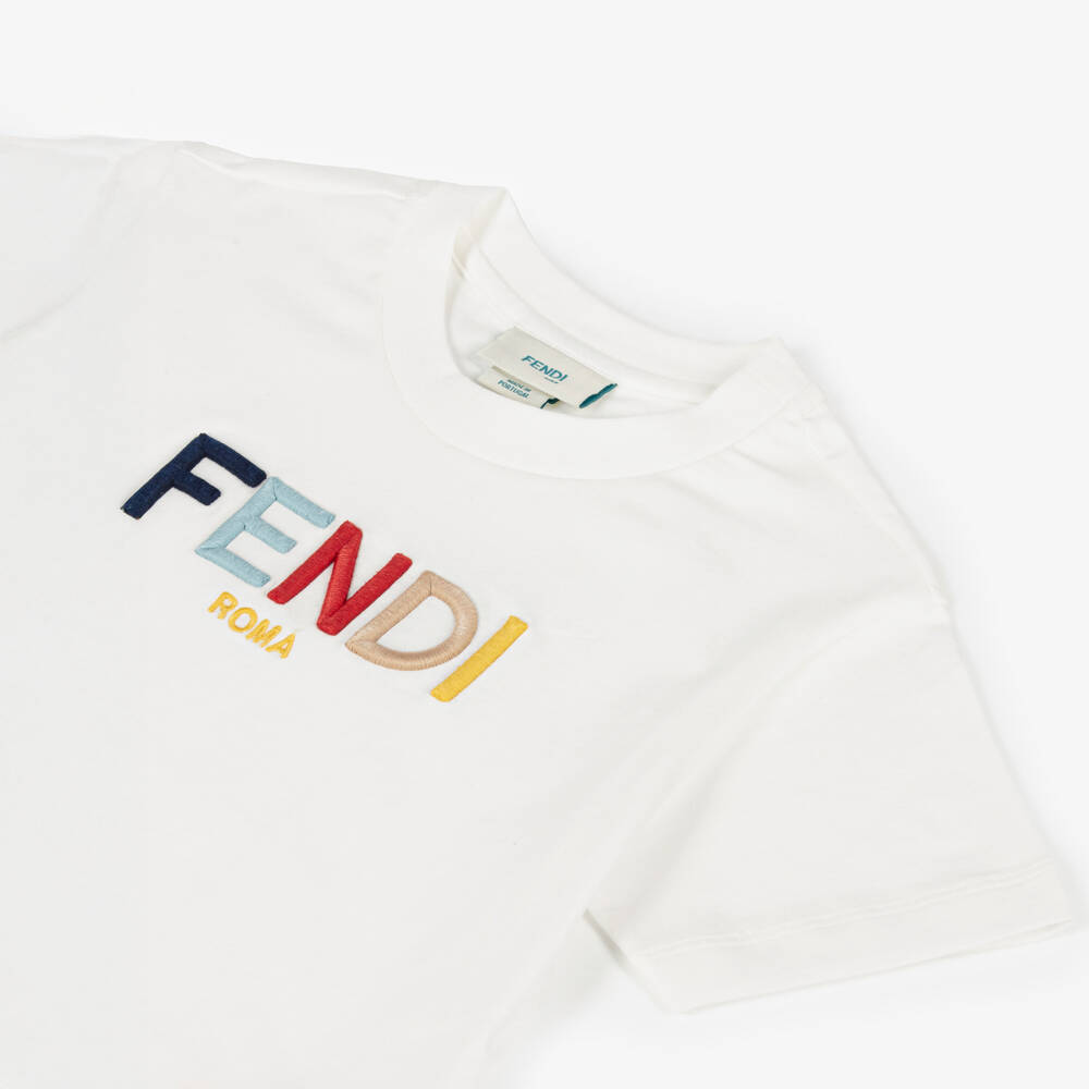 Fendi-White Cotton Embroidered T-Shirt | Childrensalon Outlet