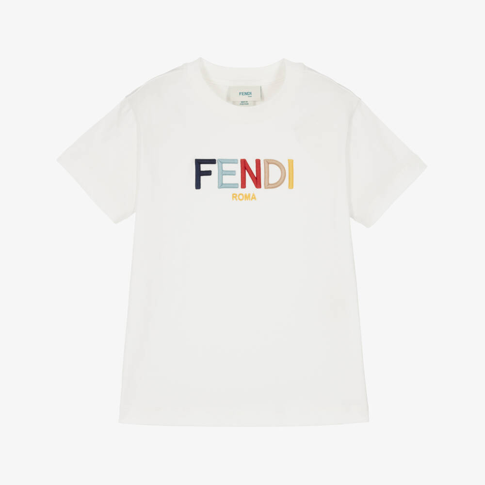 Fendi-White Cotton Embroidered T-Shirt | Childrensalon Outlet
