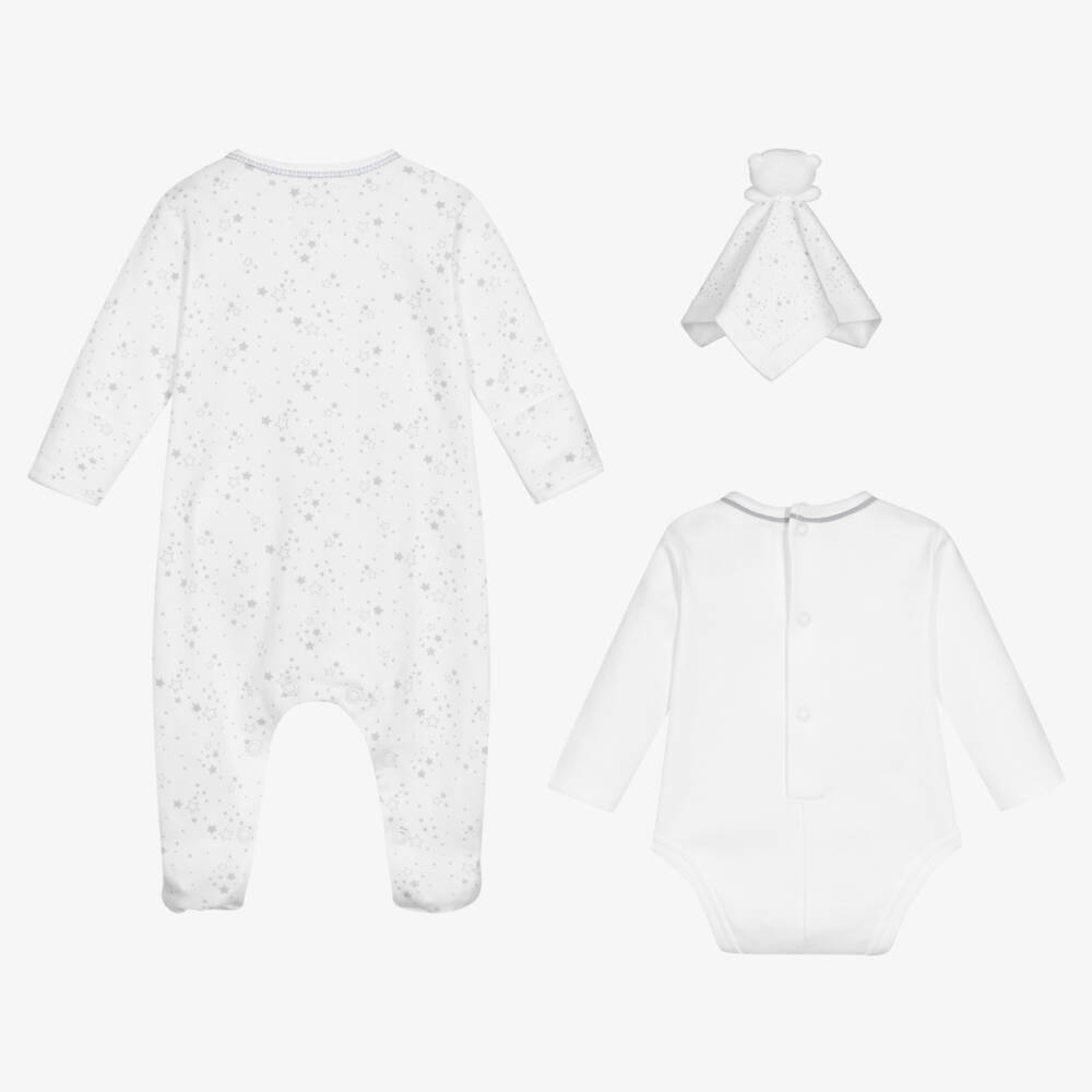Emile et Rose-White Cotton & Grey Star Print Babysuit Set | Childrensalon Outlet