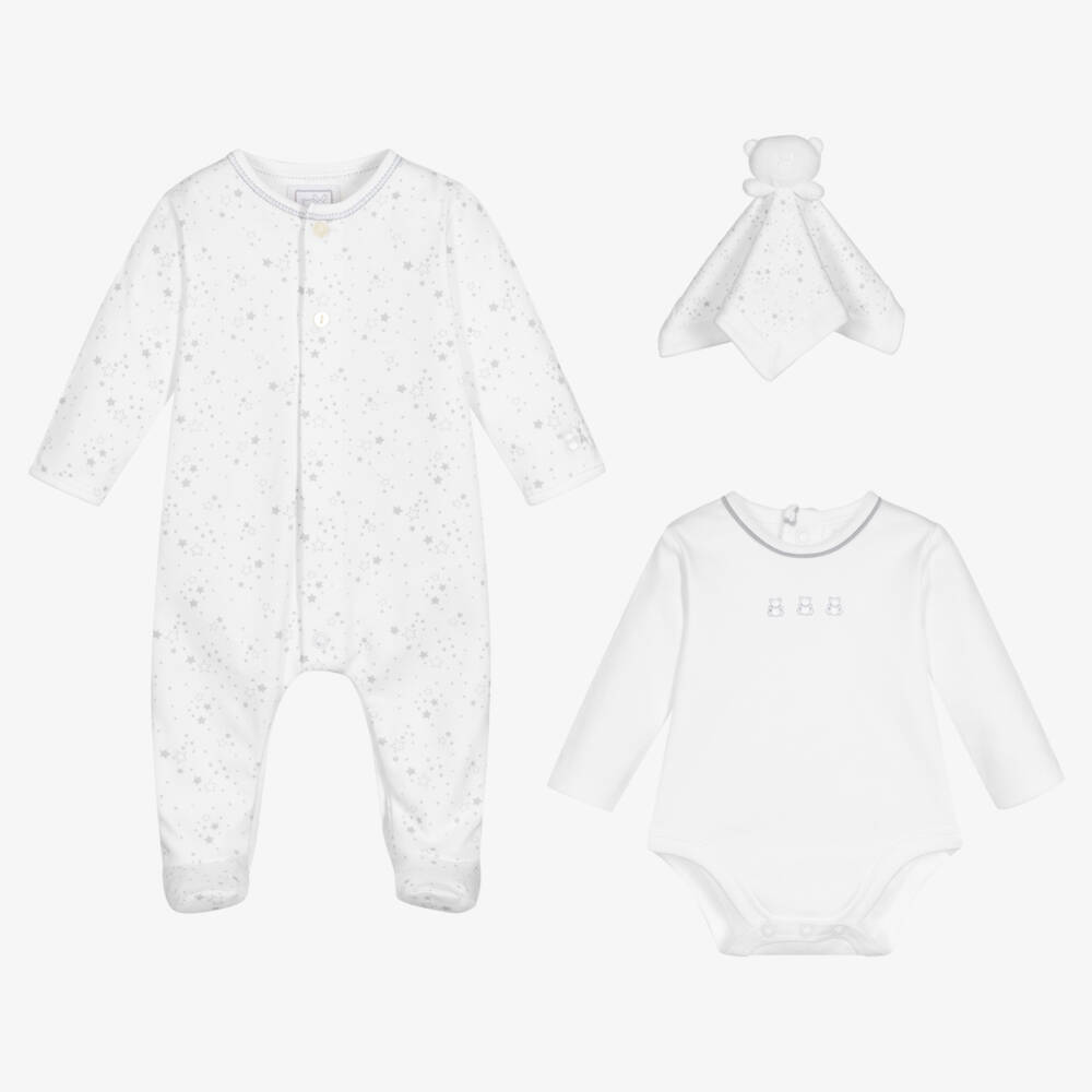 Emile et Rose-White Cotton & Grey Star Print Babysuit Set | Childrensalon Outlet